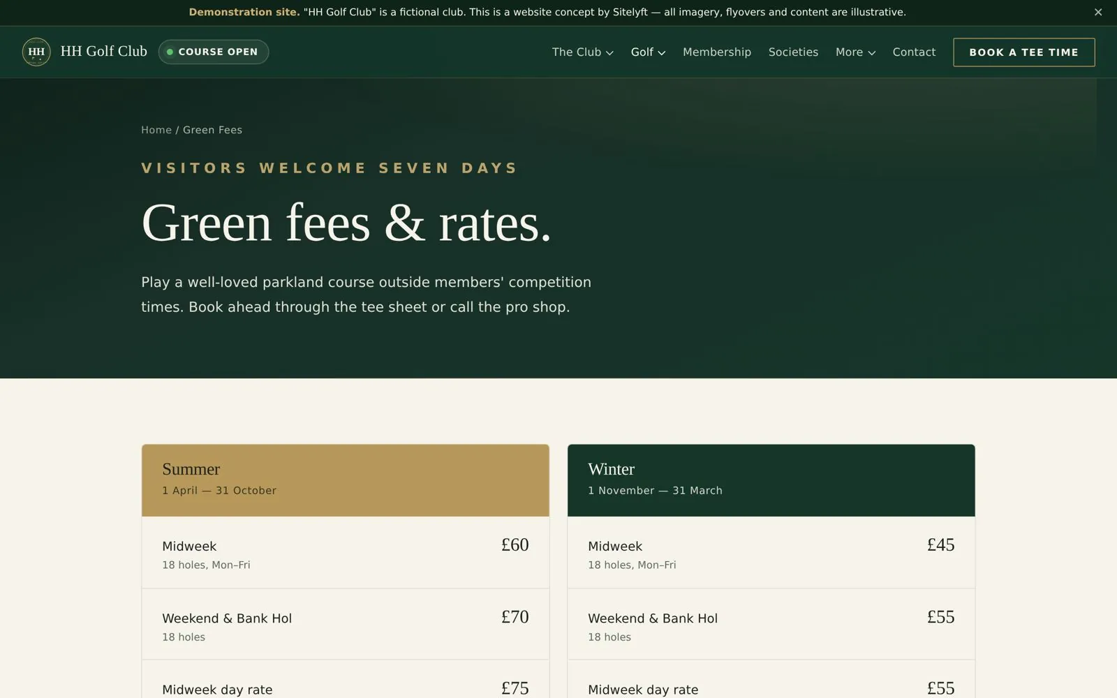 Tee time booking on the HH Golf Club site